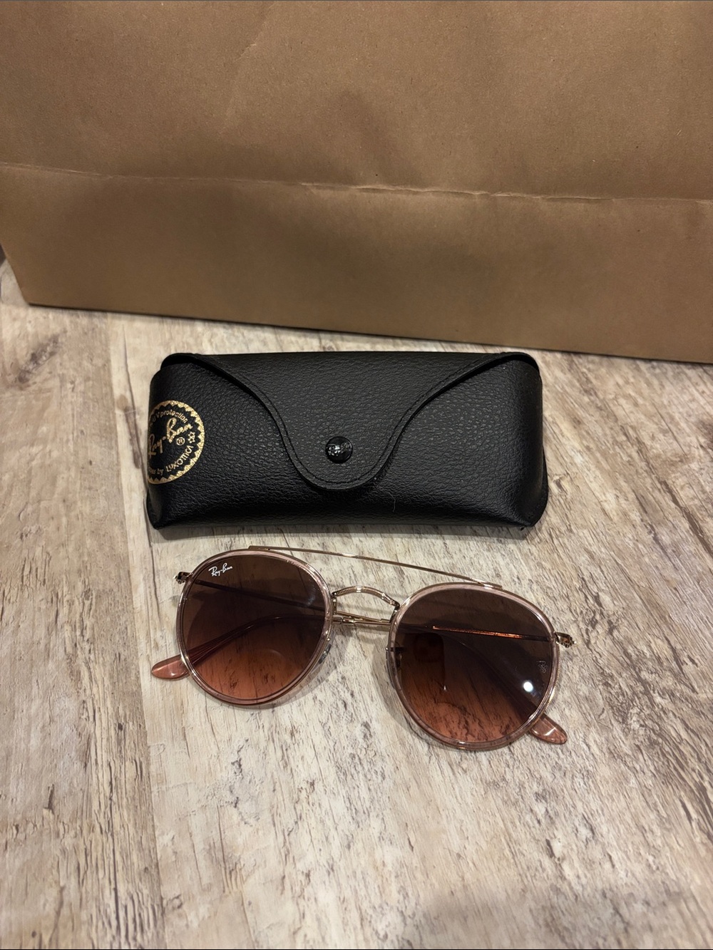 Ray-Ban Gold Framed Sunglasses with Pink/Brown Lenses